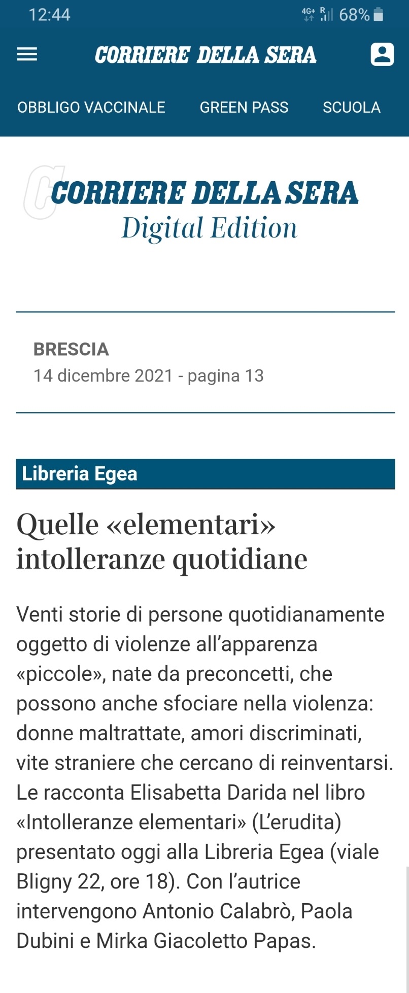 Corriere della Sera edizione online, 14 dicembre 2021