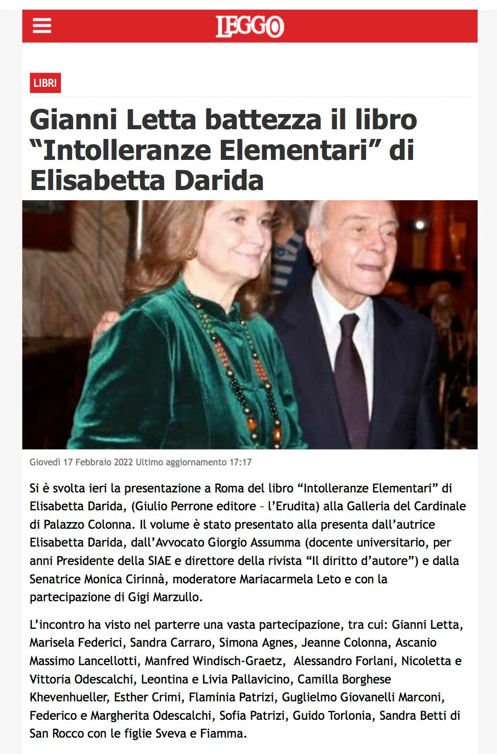 Leggo, 17 febbraio 2022: Gianni Letta battezza il libro “Intolleranze Elementari” di Elisabetta Darida